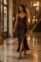 Brown silk slip maxi dress, lifestyle, city steps in gentle light