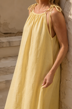 Pale yellow linen shift maxi dress, fabric detail, flax weave in raking light