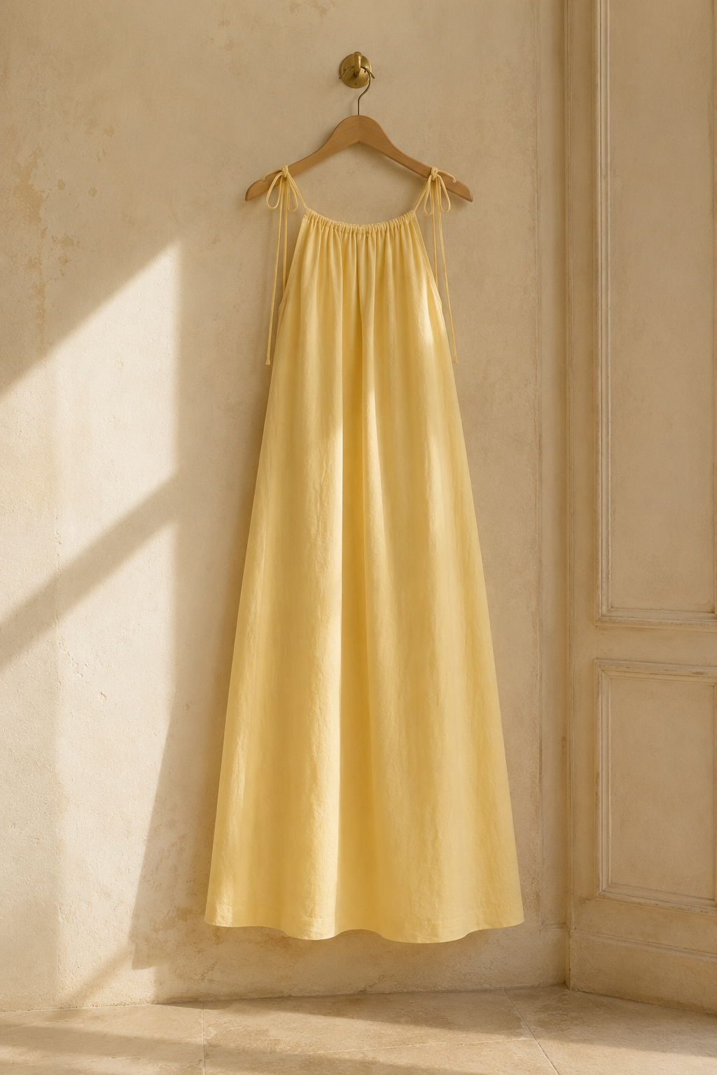 Pale yellow linen shift maxi dress, hanging on wooden hanger against plaster wall