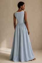 Light blue linen a-line maxi dress, back view, smooth back and A-line silhouette