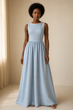 Light blue linen a-line maxi dress, full front view, fitted bodice and gathered waist