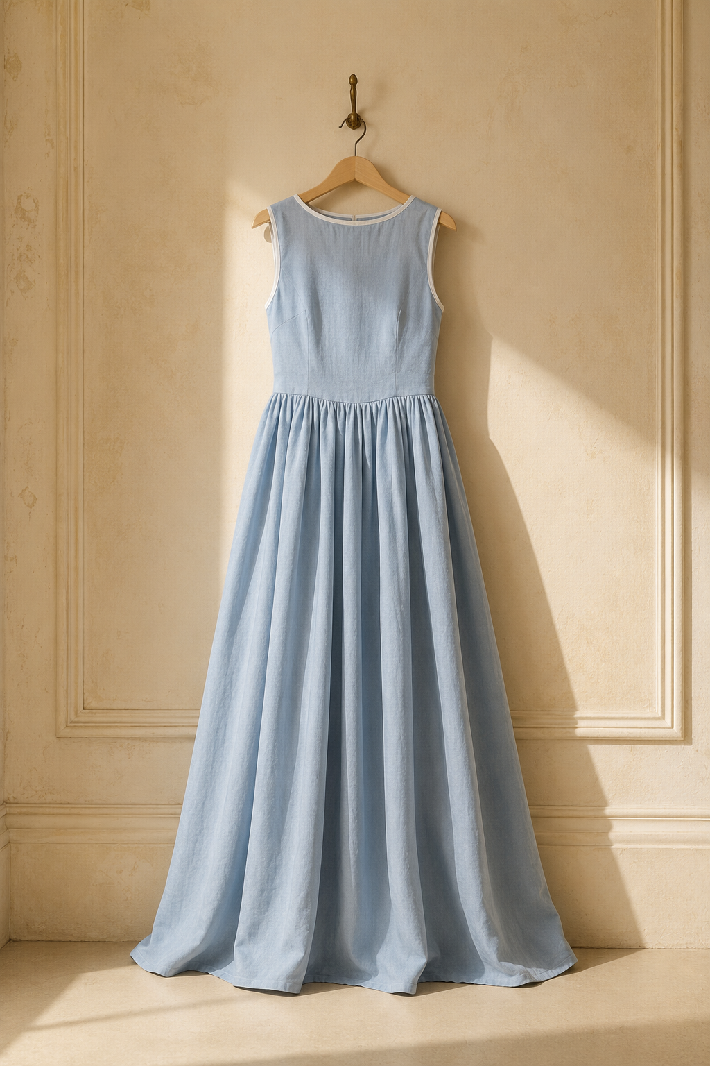Light blue linen a-line maxi dress, hanging on wooden hanger against plaster wall