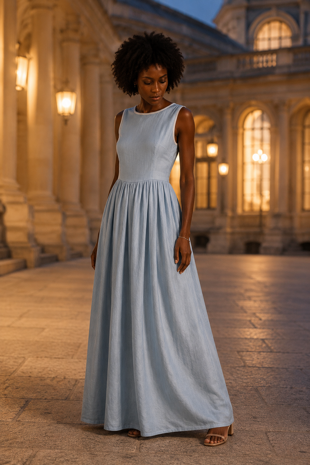 Light blue linen a-line maxi dress, front view, round neckline and flowing maxi skirt