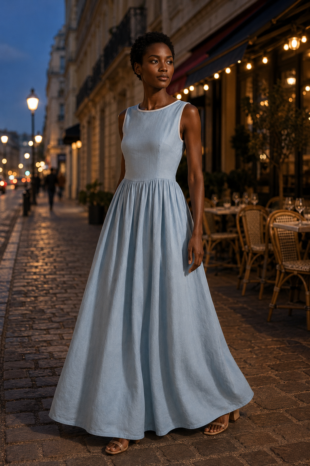Light blue linen a-line maxi dress, lifestyle, quiet morning light, serene setting