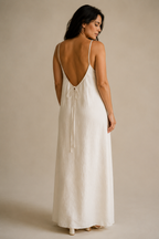 Ivory linen slip maxi dress, back view, simple straight back