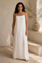 Ivory linen slip maxi dress, full front view, straight neckline and delicate straps