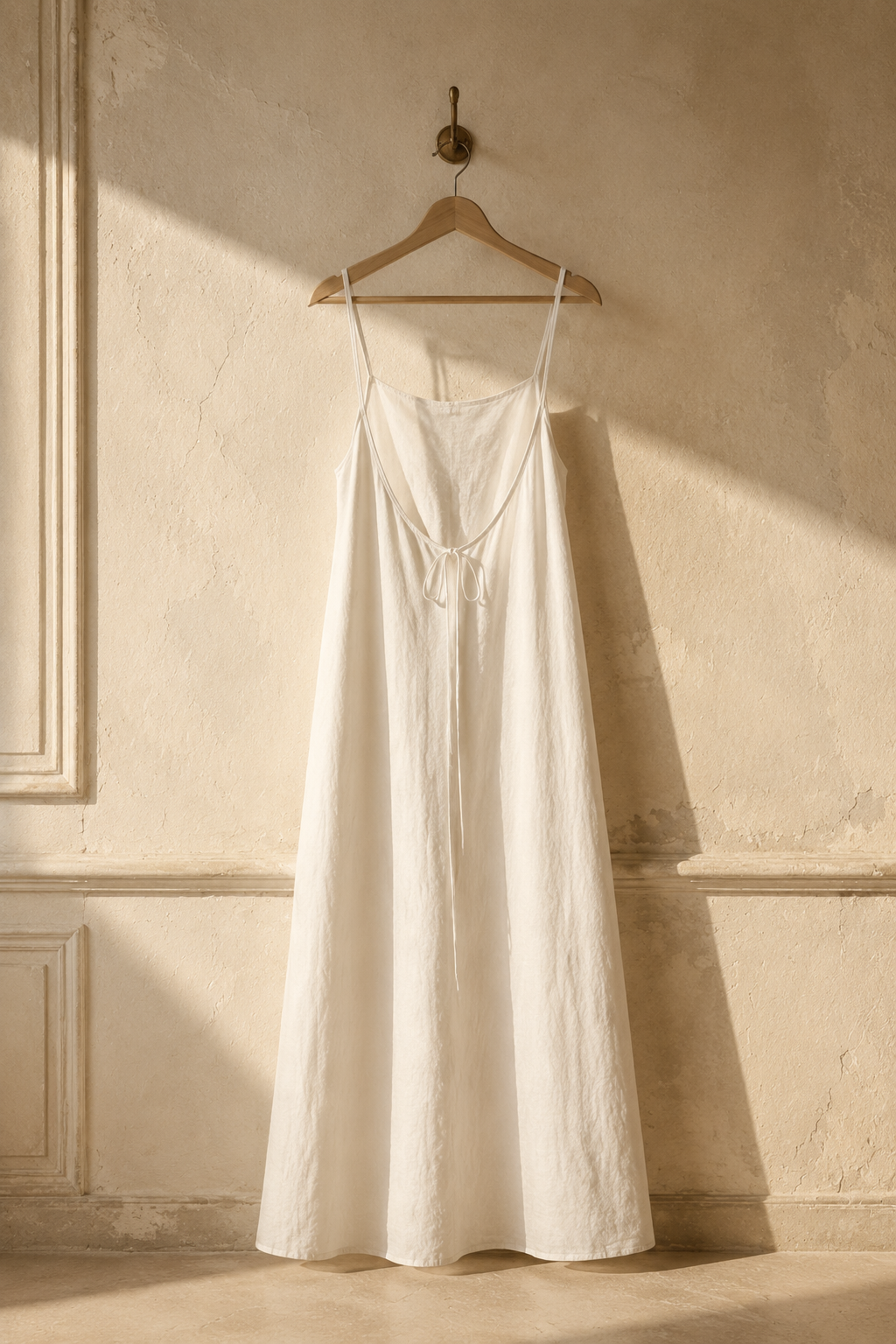 Ivory linen slip maxi dress, hanging on wooden hanger against plaster wall