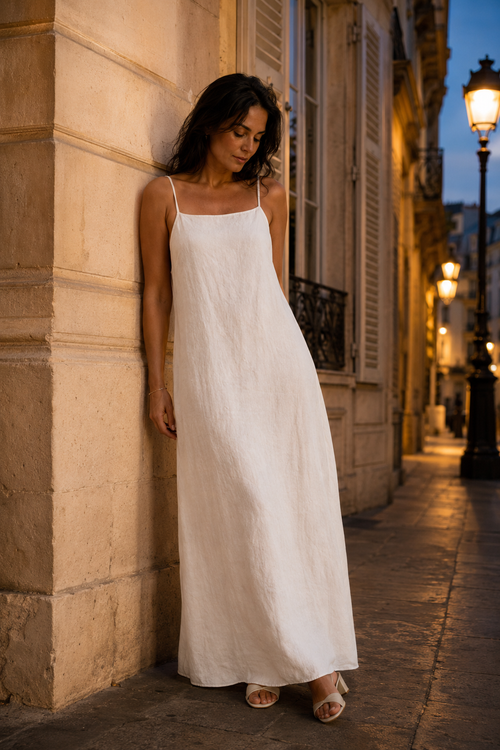 Ivory linen slip maxi dress, front view, ivory linen slip dress