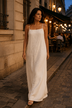 Ivory linen slip maxi dress, lifestyle, morning light, quiet room