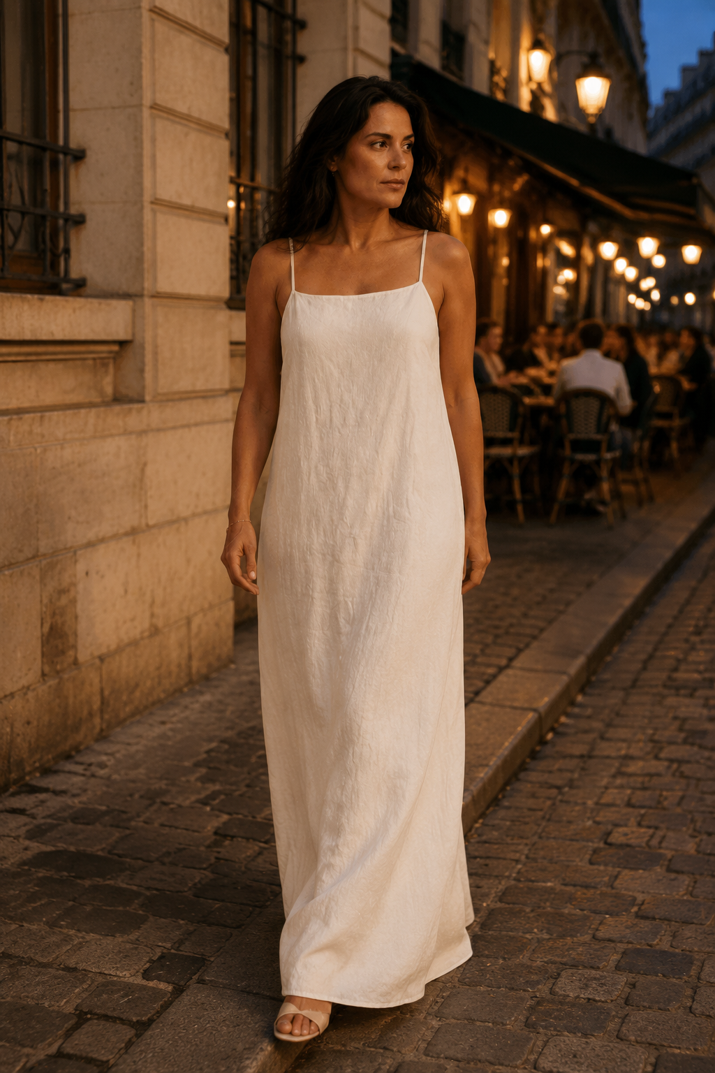 Ivory linen slip maxi dress, lifestyle, morning light, quiet room