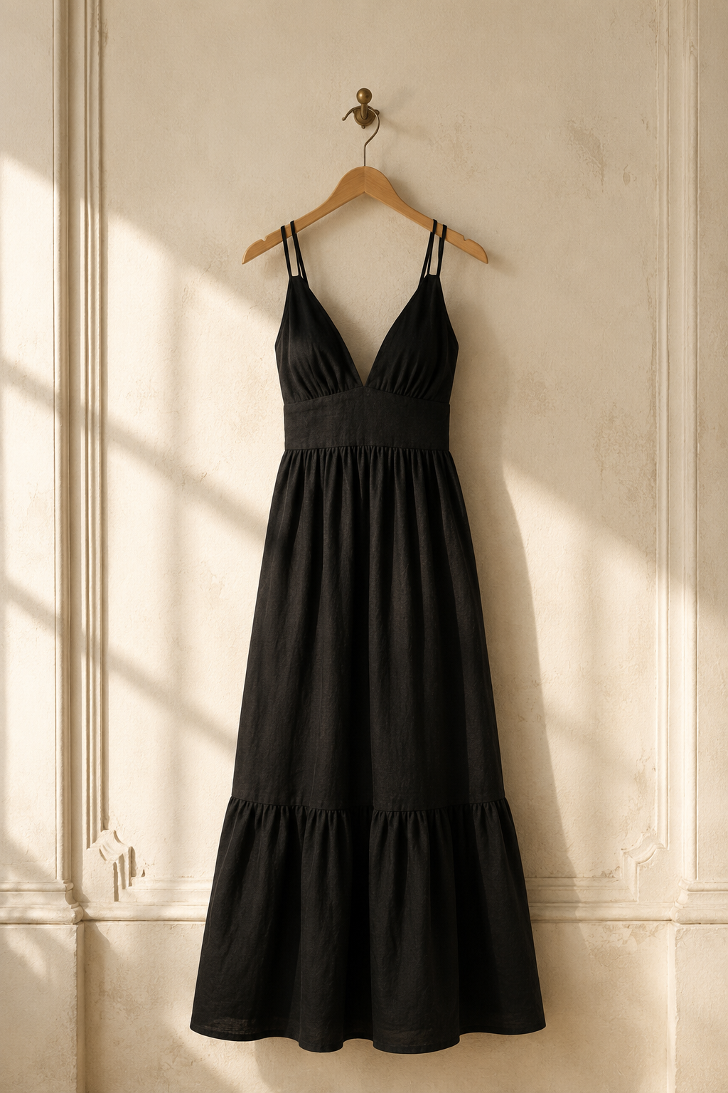 Black linen tiered maxi dress, hanging on wooden hanger against plaster wall