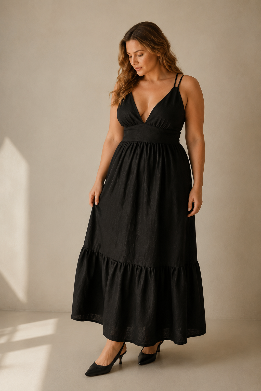 Black linen tiered maxi dress, three-quarter view, flowy silhouette, comfortable drape, delicate straps