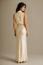 Pale yellow silk column maxi dress, back view, smooth back and elegant drape