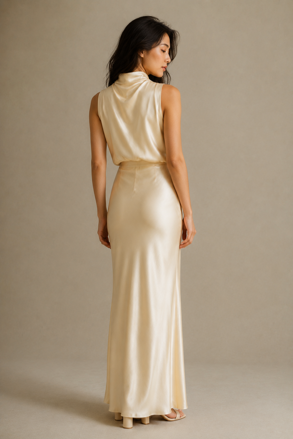 Pale yellow silk column maxi dress, back view, smooth back and elegant drape