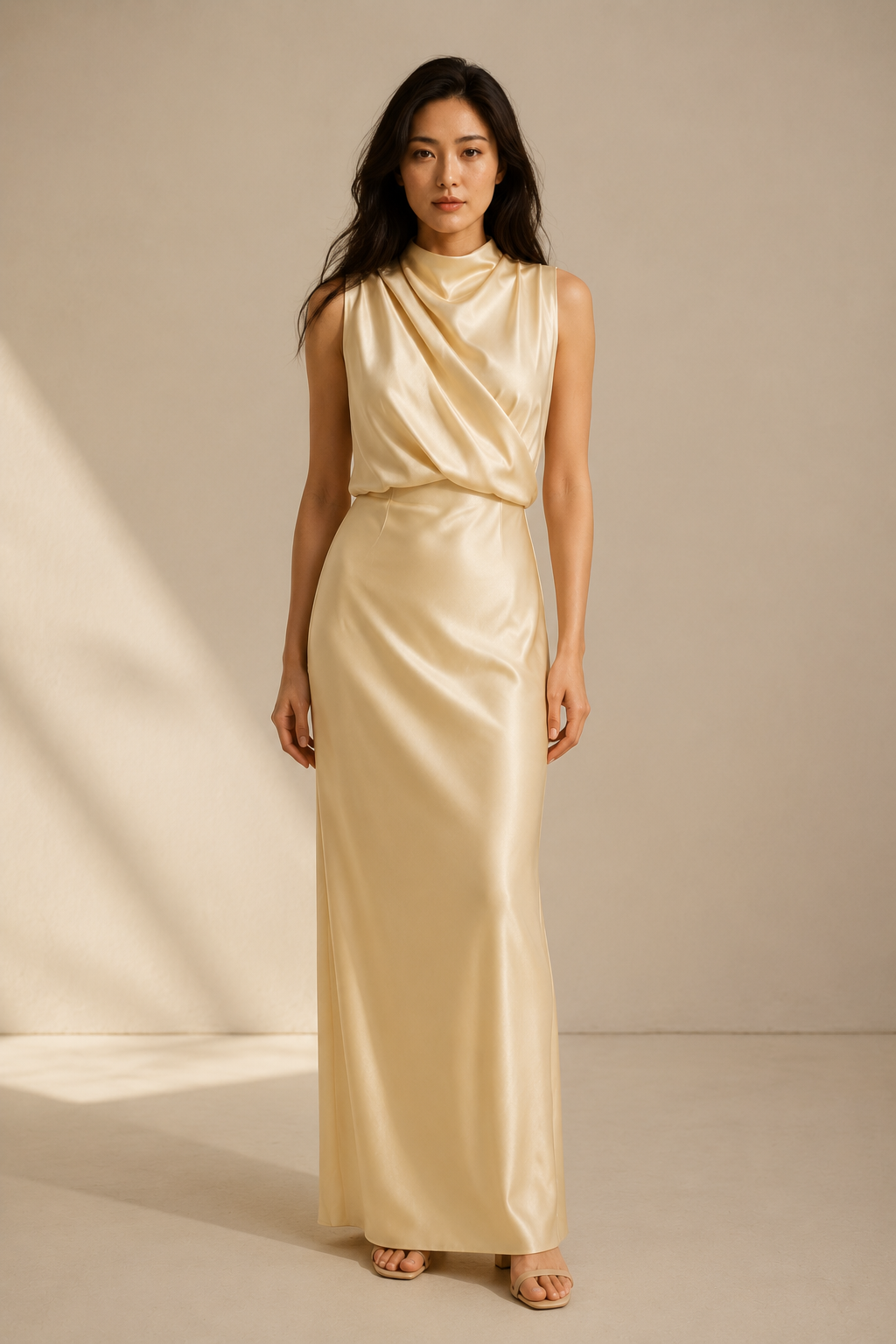 Pale yellow silk column maxi dress, full front view, sleeveless design and waist seam