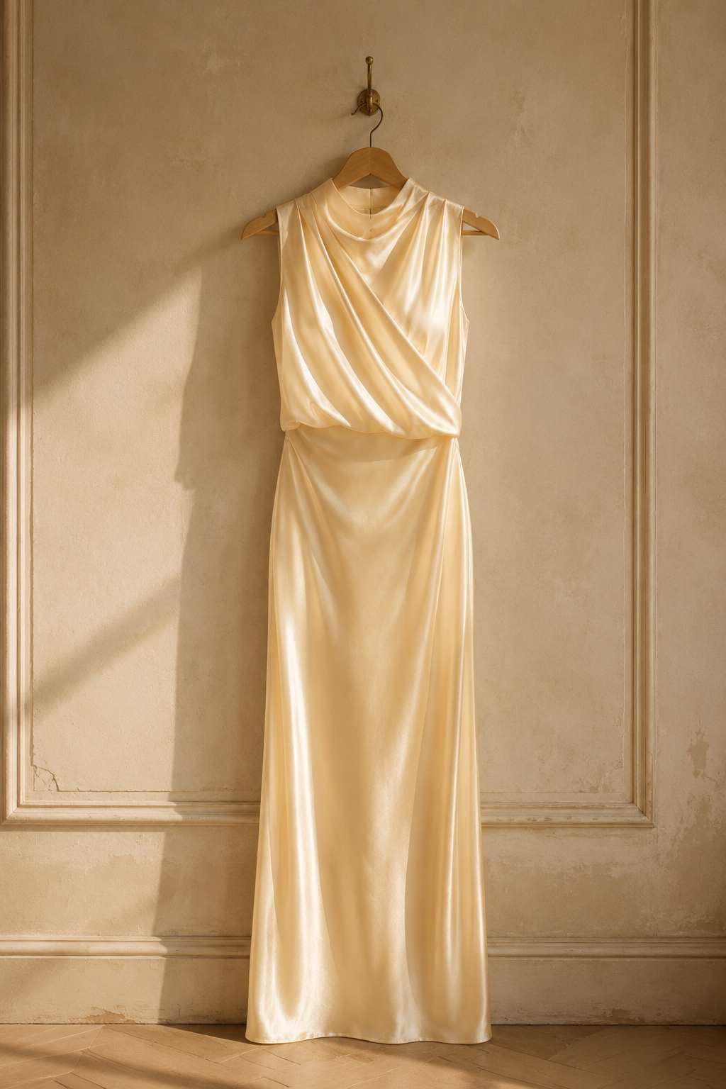 Pale yellow silk column maxi dress, hanging on wooden hanger against plaster wall