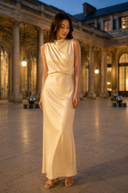 Pale yellow silk column maxi dress, front view, draped cowl neckline and column silhouette