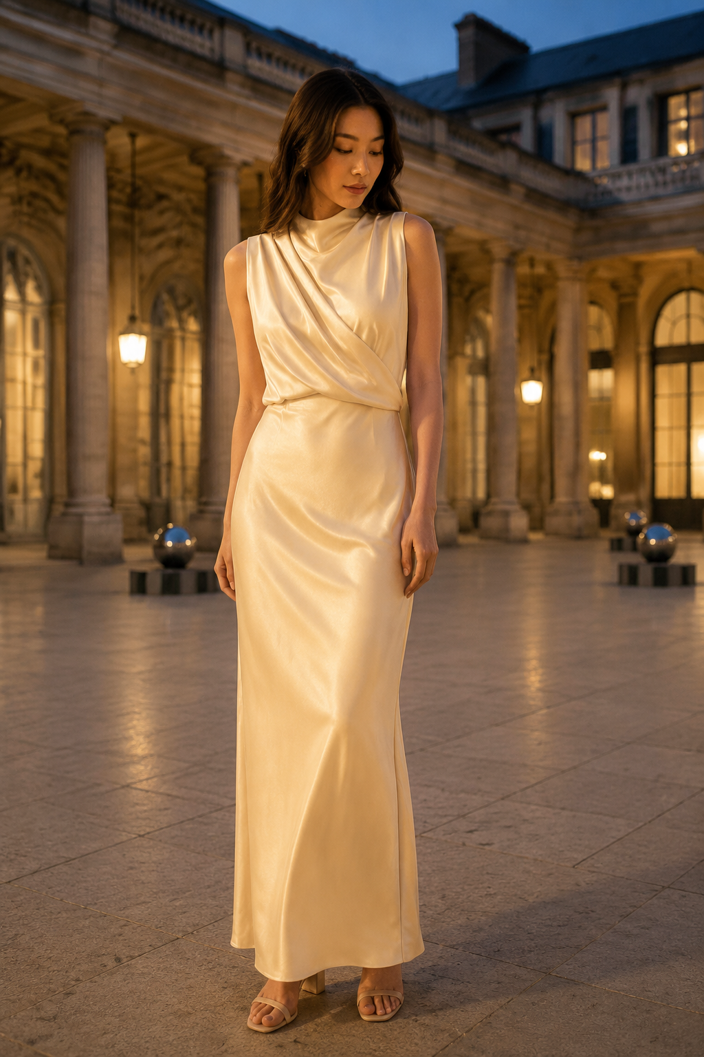 Pale yellow silk column maxi dress, front view, draped cowl neckline and column silhouette