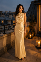 Pale yellow silk column maxi dress, lifestyle, evening out in soft light