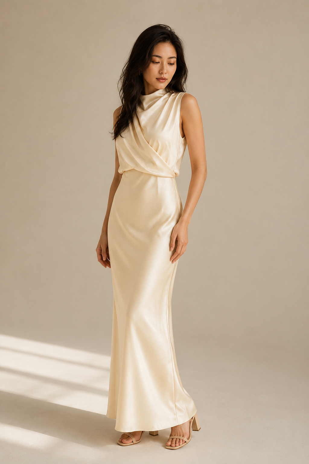 Pale yellow silk column maxi dress, three-quarter view, fluid silk fabric and ankle length