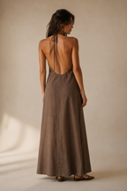 Brown linen column maxi dress, back view, halter neckline detail