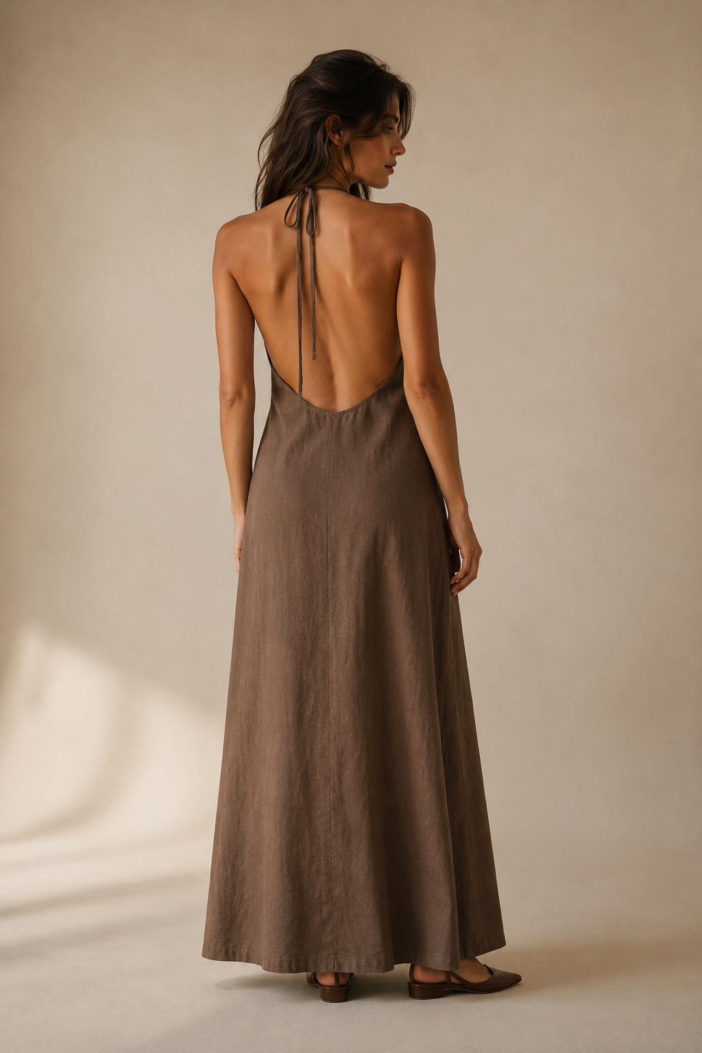 Brown linen column maxi dress, back view, halter neckline detail