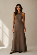 Brown linen column maxi dress, full front view, softly draped linen maxi dress