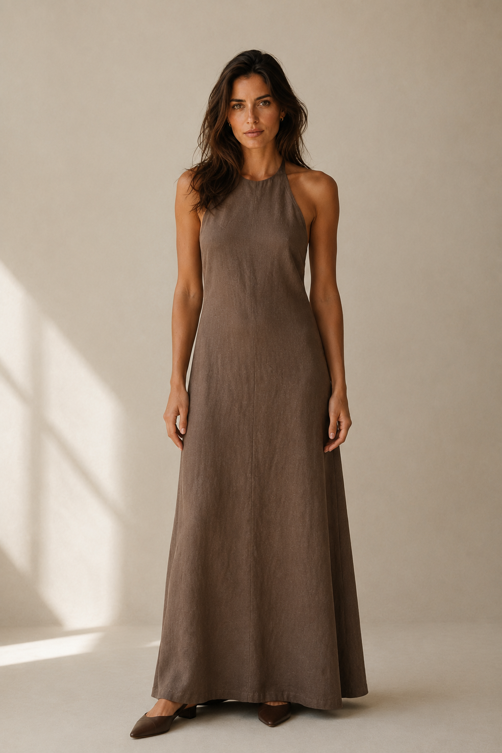 Brown linen column maxi dress, full front view, softly draped linen maxi dress