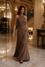 Brown linen column maxi dress, lifestyle, relaxed moments in warm light