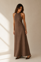 Brown linen column maxi dress, three-quarter view, flowing column silhouette