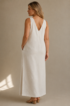 Ivory linen shift maxi dress, back view, simple V-back and clean lines