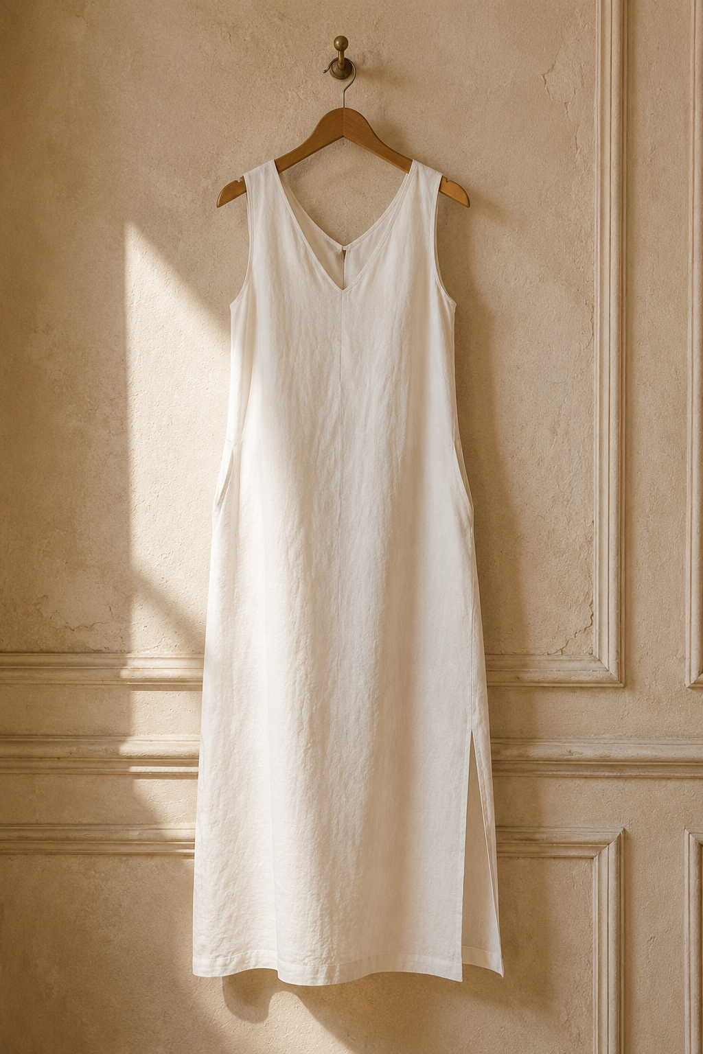Ivory linen shift maxi dress, hanging on wooden hanger against plaster wall