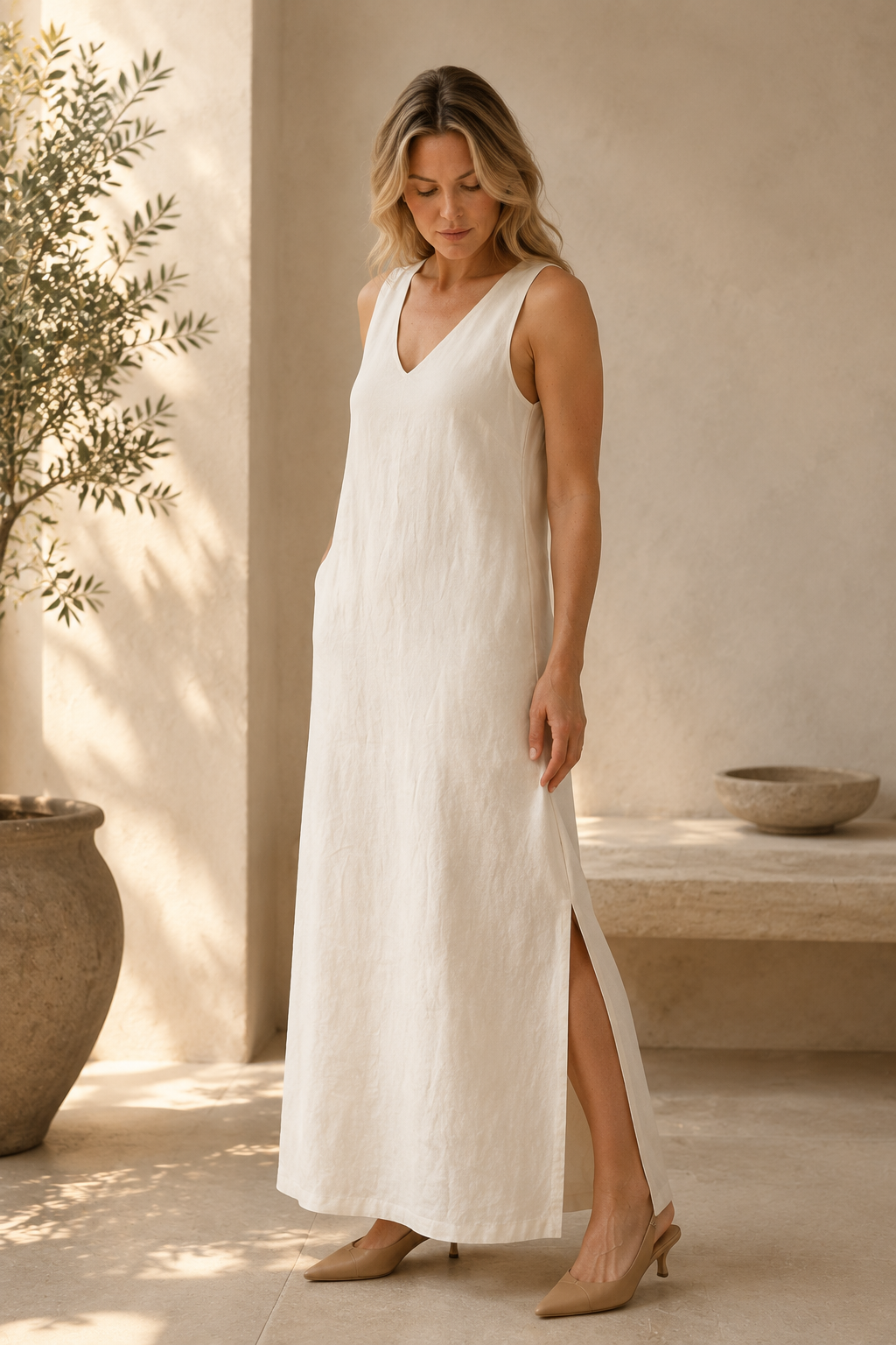 Ivory linen shift maxi dress, three-quarter view, relaxed silhouette and side slits