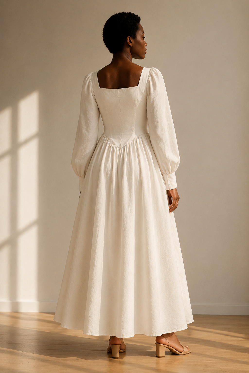 Ivory linen a-line maxi dress, back view, clean back, waist definition, full skirt