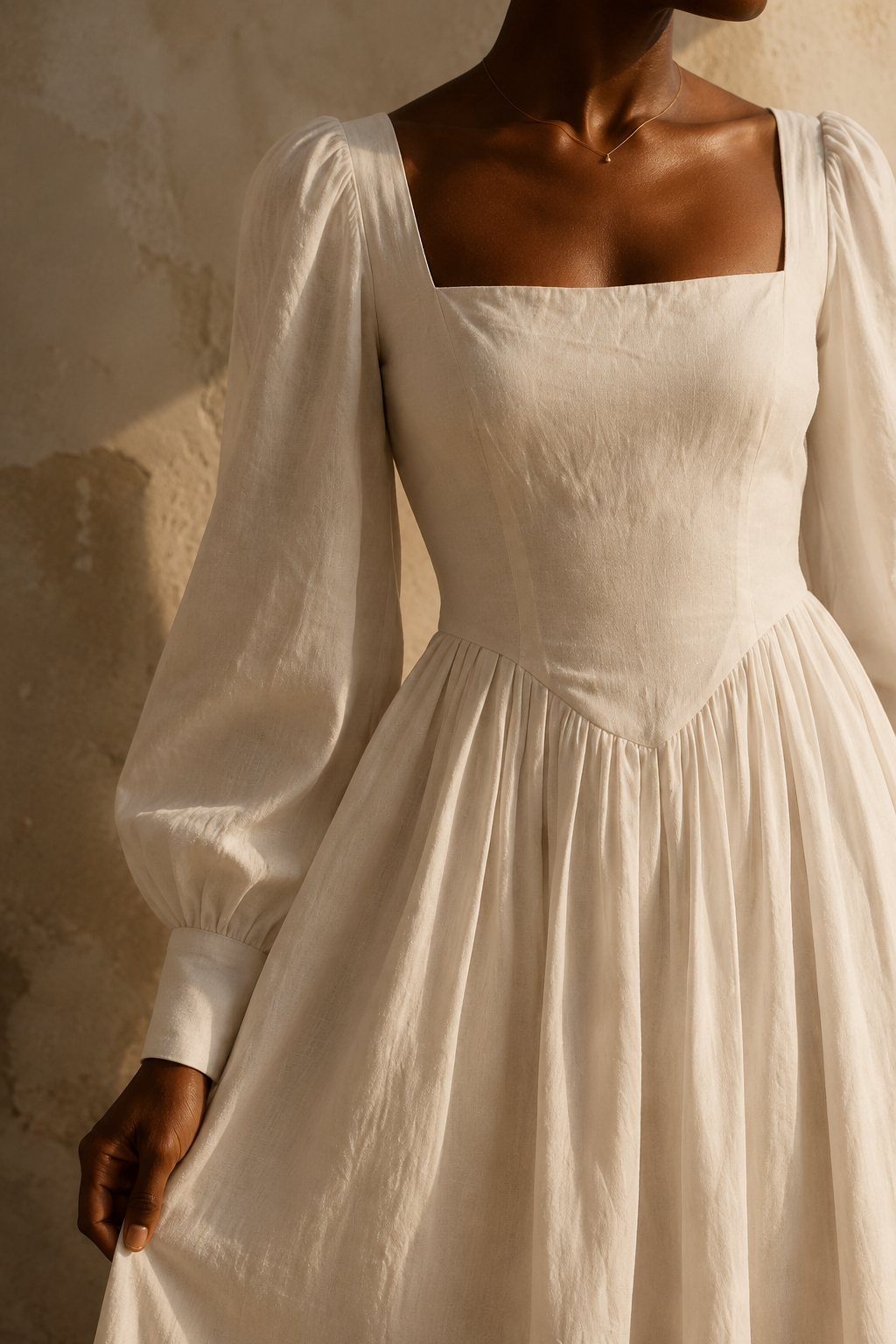 Ivory linen a-line maxi dress, fabric detail, flax weave in raking light