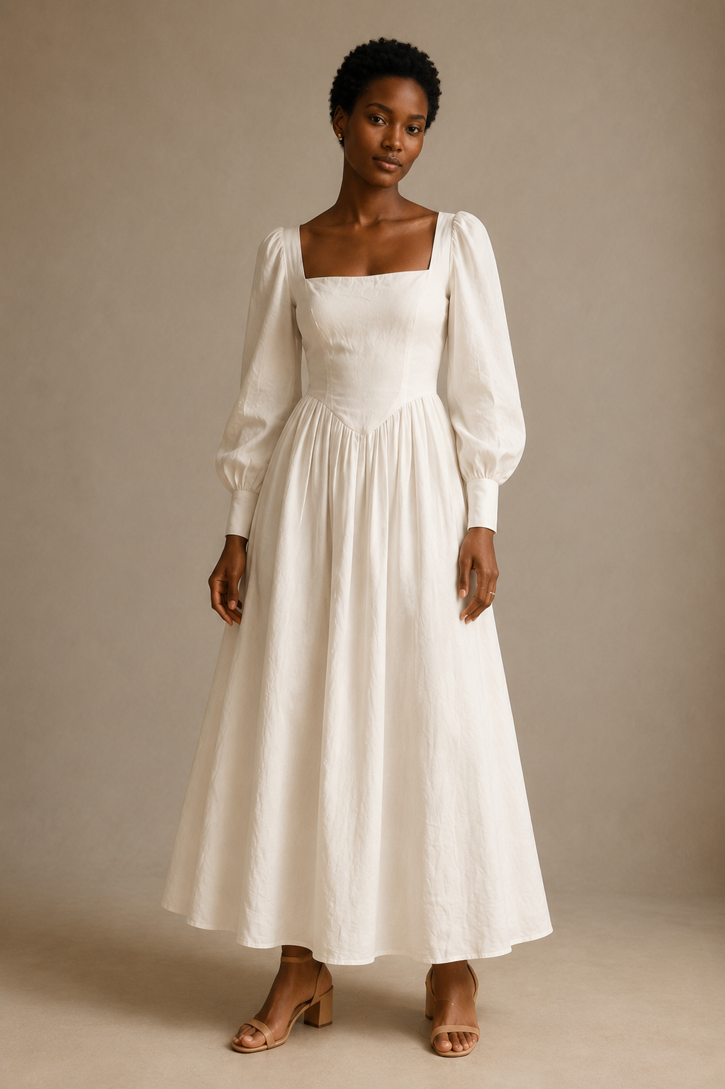 Ivory linen a-line maxi dress, full front view, fitted bodice, gathered waist, flowing skirt
