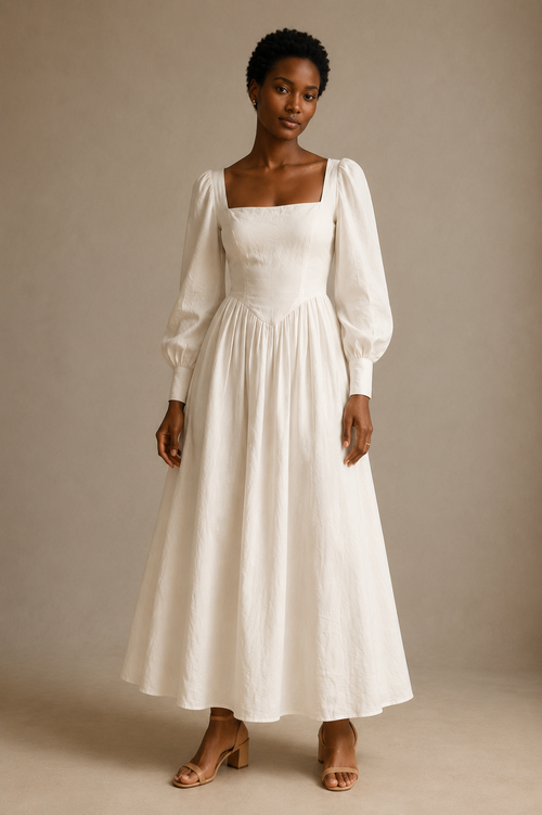 Ivory linen a-line maxi dress, full front view, fitted bodice, gathered waist, flowing skirt