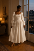 Ivory linen a-line maxi dress, front view, square neck, puff long sleeves, A-line skirt