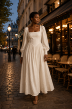 Ivory linen a-line maxi dress, lifestyle, morning light, quiet moments at home
