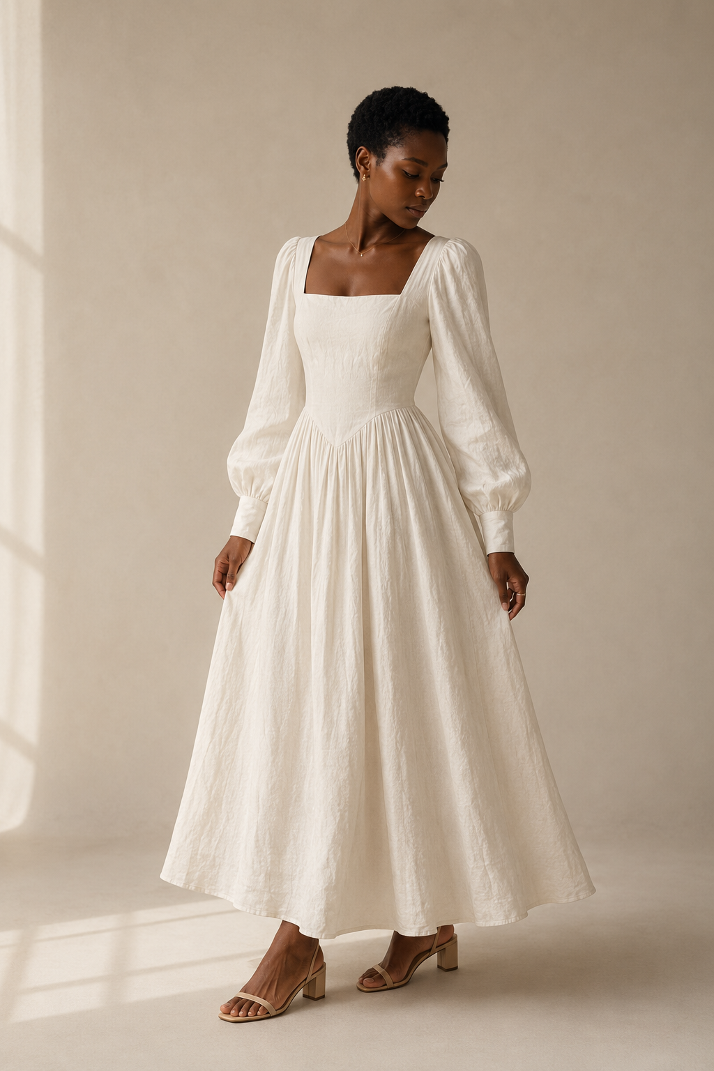 Ivory linen a-line maxi dress, three-quarter view, gentle skirt drape, relaxed linen fabric