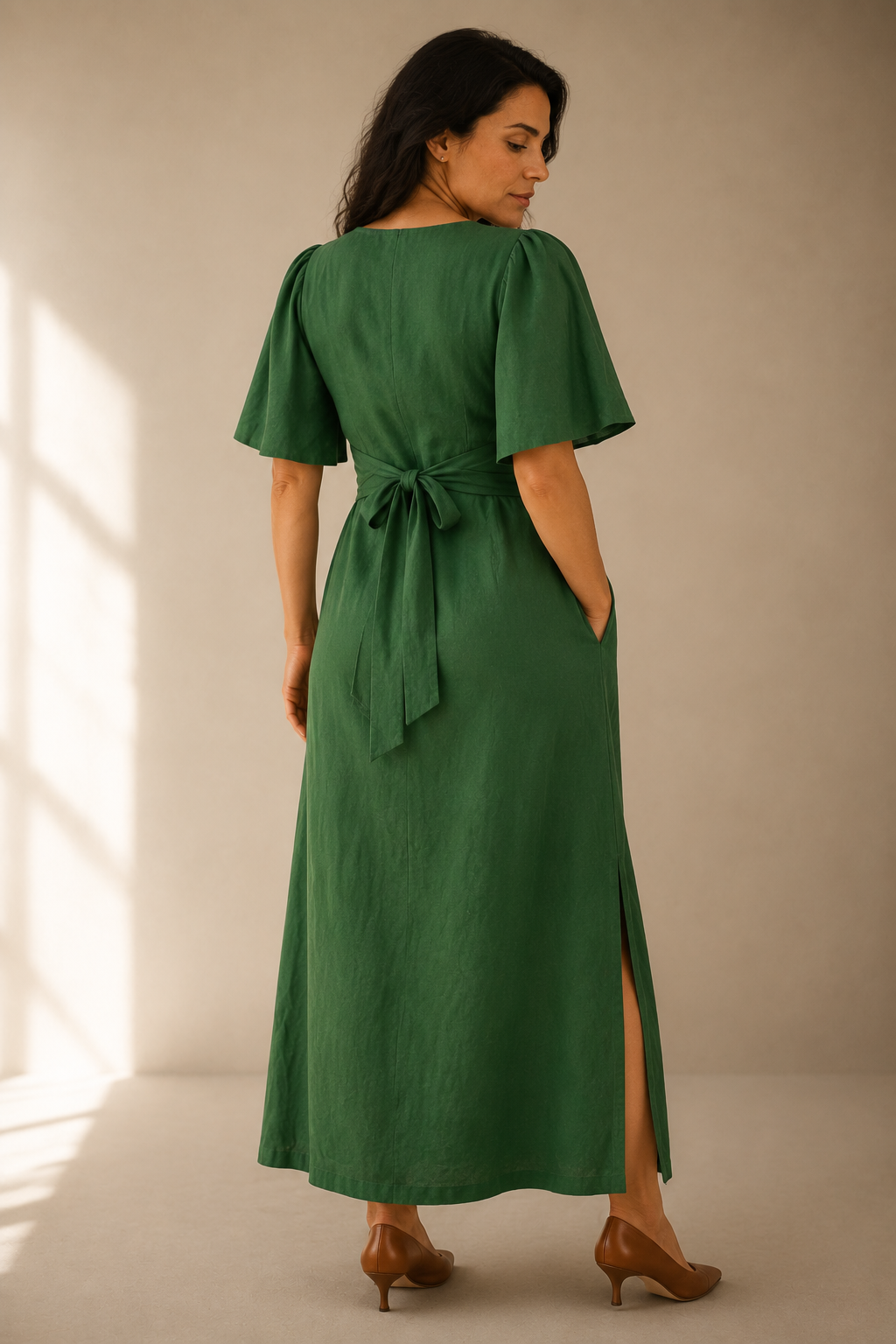 Green linen wrap maxi dress, back view, smooth back, flowing skirt