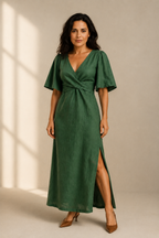 Green linen wrap maxi dress, full front view, flowy silhouette, natural linen texture