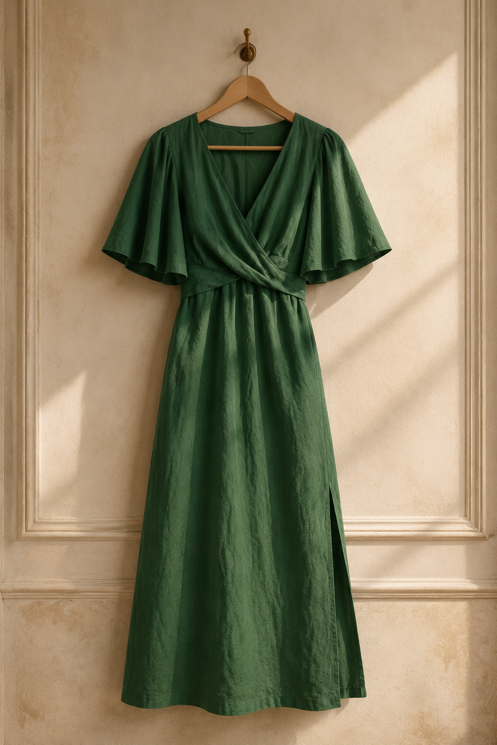 Green linen wrap maxi dress, hanging on wooden hanger against plaster wall