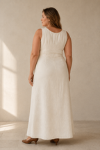 Ivory linen wrap maxi dress, back view, clean back, gentle drape