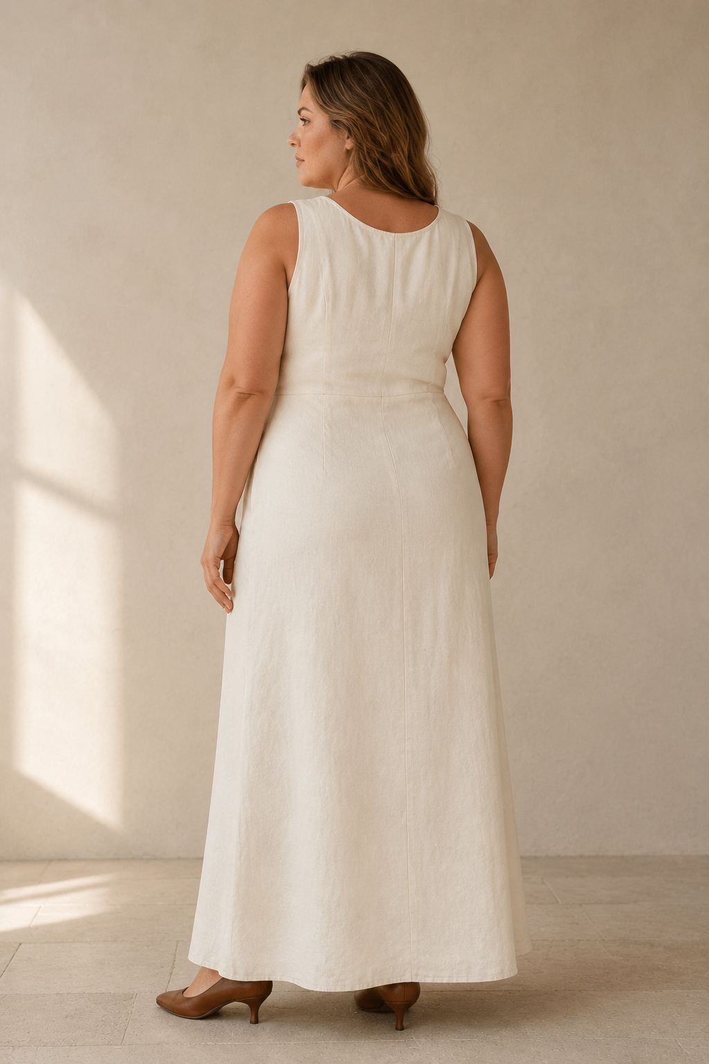 Ivory linen wrap maxi dress, back view, clean back, gentle drape