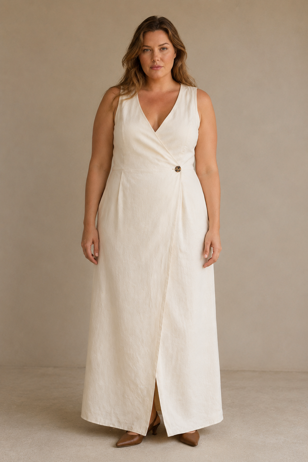 Ivory linen wrap maxi dress, full front view, flowing maxi silhouette, side pockets