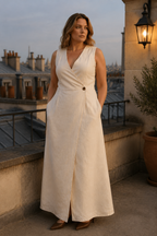 Ivory linen wrap maxi dress, lifestyle, summer days, effortless style