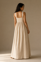 Ivory linen a-line maxi dress, back view, simple back, flowing maxi skirt