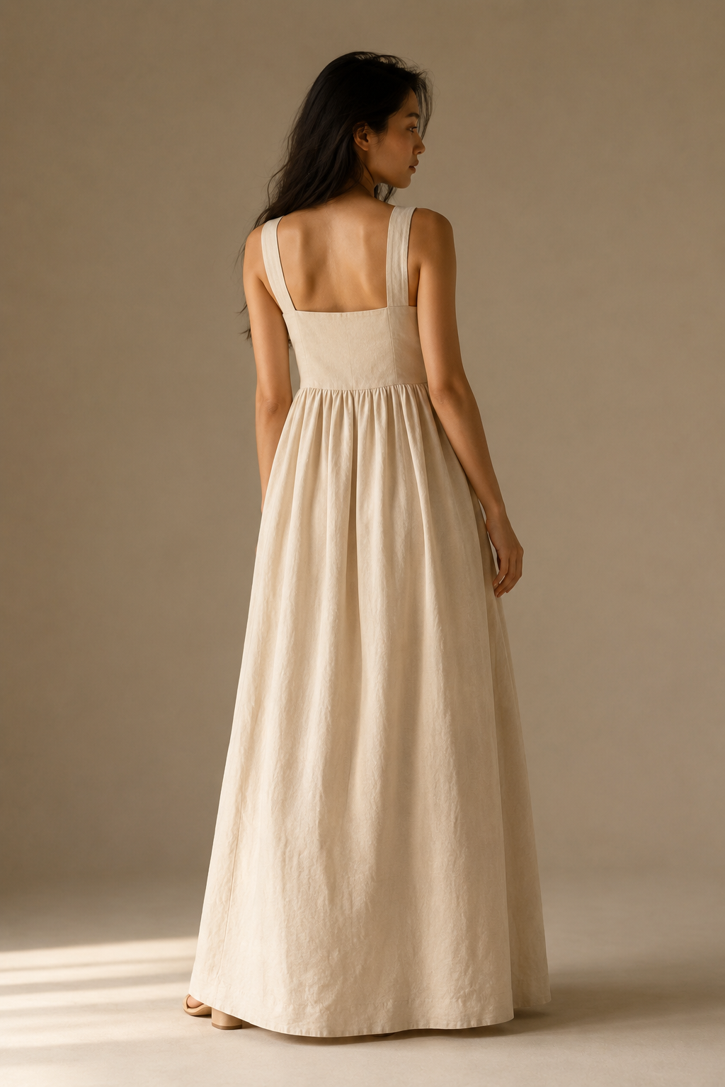 Ivory linen a-line maxi dress, back view, simple back, flowing maxi skirt