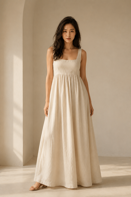 Ivory linen a-line maxi dress, full front view, square neck, wide straps, full skirt